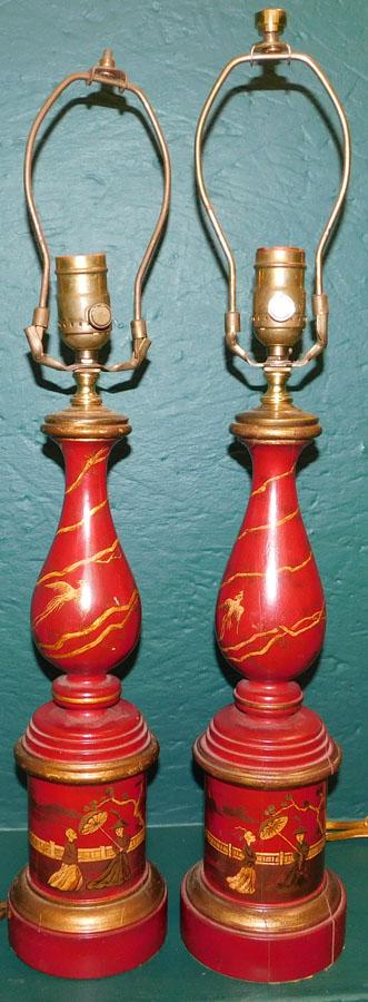 Pair Oriental Wood Paint Decorated Lamps (1 of 3)