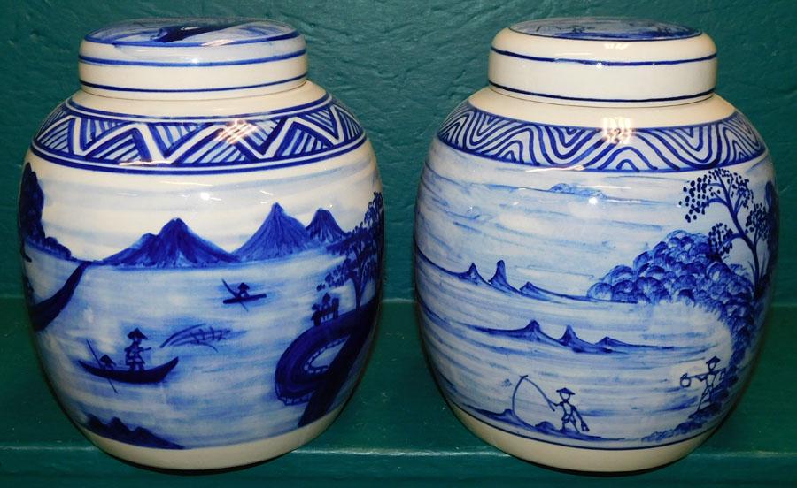 Pair B&W Ceramic Oriental Ginger Jars (1 of 5)