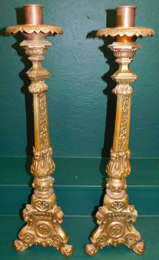 Pair Cast Brass Cathedral Candlesticks (1 of 5)