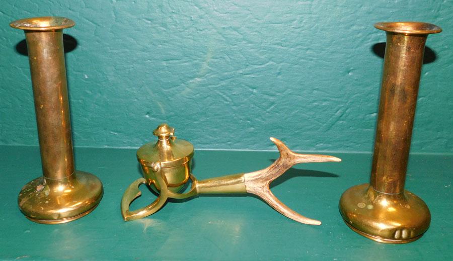 Brass & Horn Oil Lamp & Pr Of Seamed Candlesticks (1 of 3)