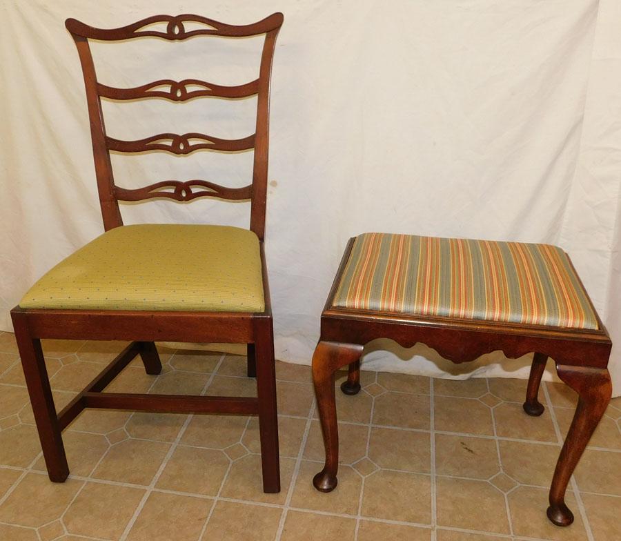 19th C Burl Walnut QA Bench & Walnut Side Chair (1 of 3)
