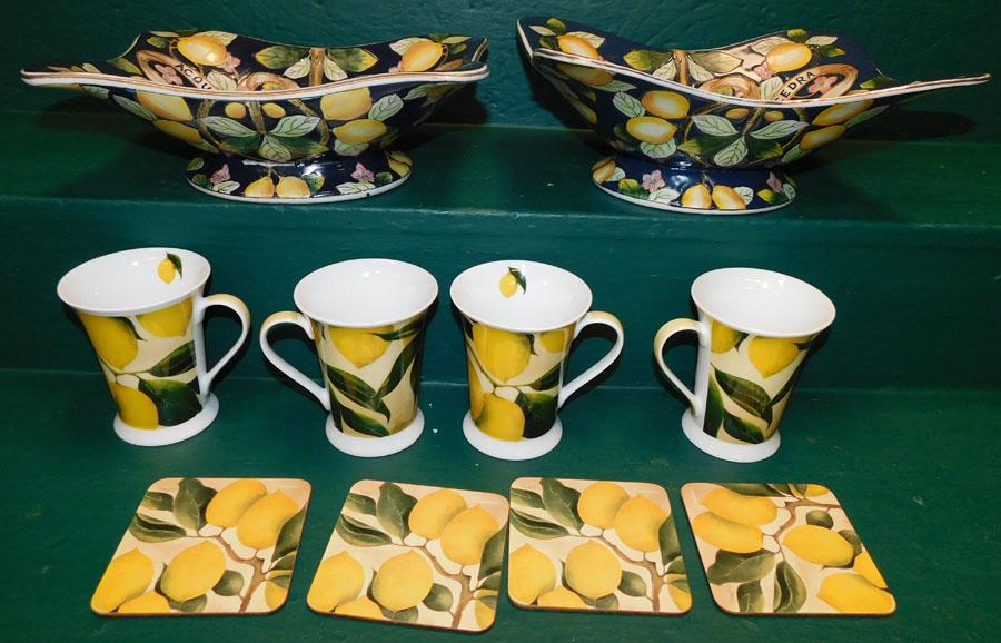 Lot 10 Porcelain Lemon Motif Decorator Items: Lot 10 Porcelain Lemon Motif Decorator Items . 11 1/2" W 9" D 4" H (Bowl)