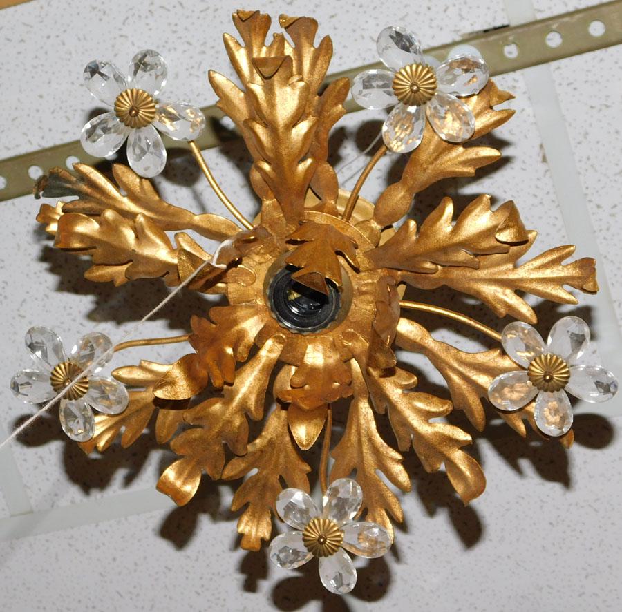 Italian Gilt Metal & Glass Light Fixture: Italian Gilt Metal & Glass Light Fixture. 14" Dia