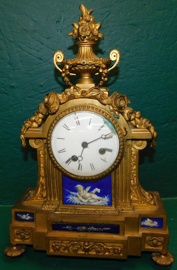 French Bronze Mantle Clock W/ Porcelain Inserts (1 of 5)