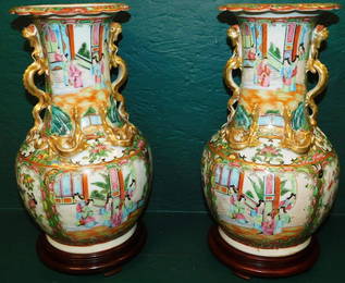 Pair 19th C Rose Mandarin Vases On Stands