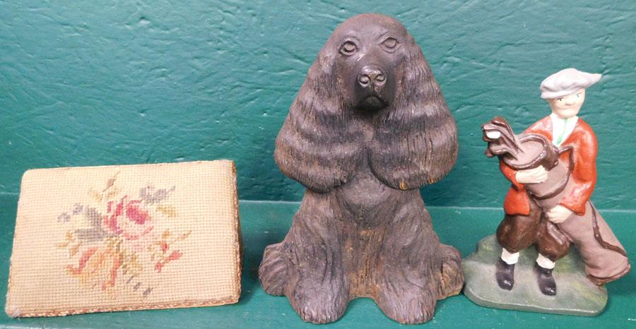 Three Doorstops (2 Cast Iron & 1 Wood): Three Doorstops (2 Cast Iron & 1 Wood). 9" H (Tallest)