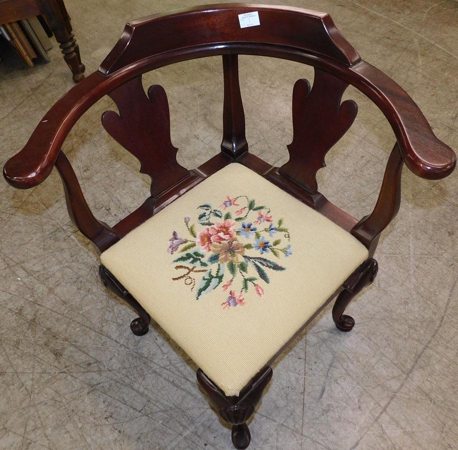 Mah QA NP Corner Chair By Statesville Chair Co.: Mahogany Queen Anne Needlepoint Corner Chair By Statesville Chair Co.. 32 1/4" H
