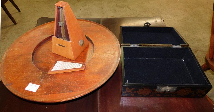 Pnt Dec Dresser Box, Lazy Susan, Metronome: Paint Decorated Dresser Box -- Lazy Susan -- Seth Thomas Metronome. 19" Dia (Lazy Susan)