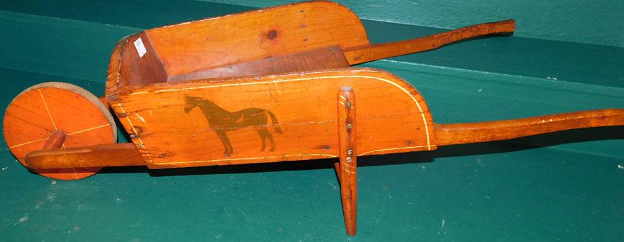Vintage Wooden Childs Wheel Barrow: Vintage Wooden Childs Wheel Barrow. 39 1/2" W 13" D 10 1/2" H