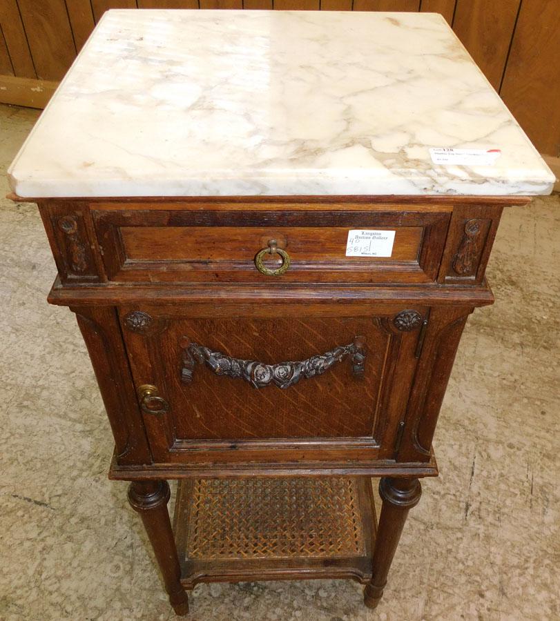French Oak Commode W/ Marble Top: French Oak Commode W/ Marble Top. 16" W 16" D 32 1/4" H