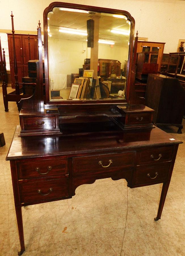 Mahogany Inlaid Edwardian Vanity: Mahogany Inlaid Edwardian Vanity. 48" W 21 1/2" D 67 1/2" H