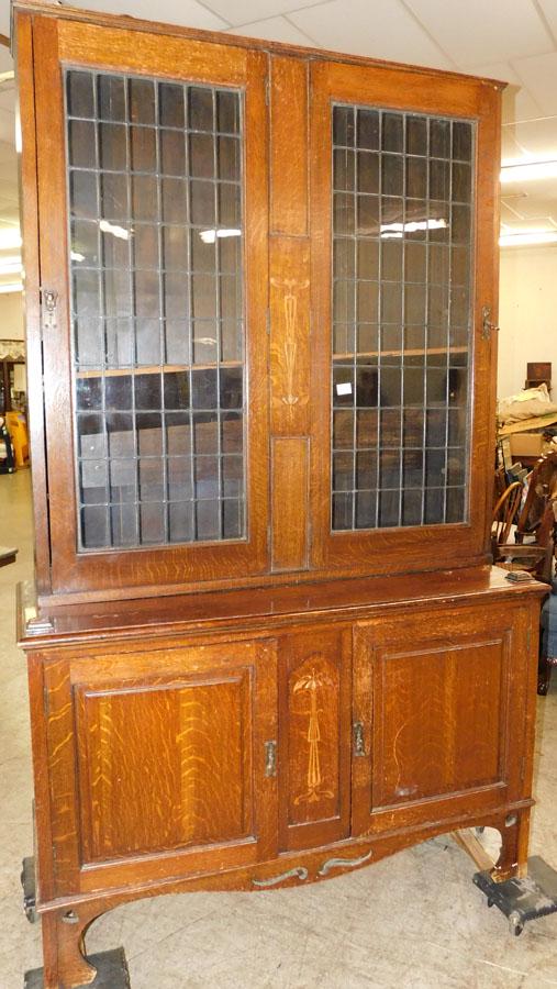 Oak Leaded Glass Door Wall Cupboard: Oak Leaded Glass Door Wall Cupboard . 54" W 21" D 90" H