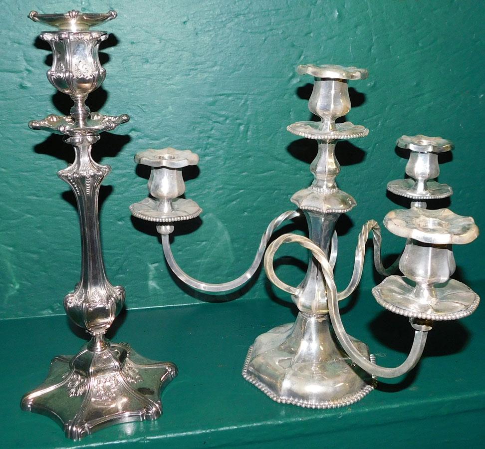 Silver Plate Candelabra & Candle Stick: Silver Plate Candelabra & Candle Stick. 13" H (Tallest)