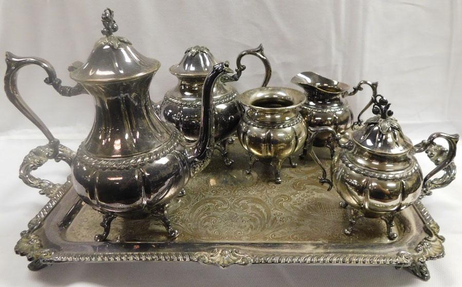 6 Pc Silver-plate On Copper Tea Set: 6 Pc Silver-plate On Copper Tea Set .