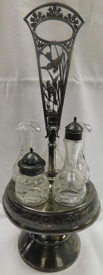 Silver Plate Cruet Set W/ Etched Cruets: Silver Plate Cruet Set W/ Etched Cruets. 17 1/2" H