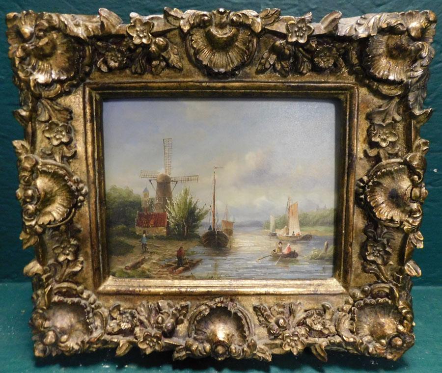 Oil on Board Dutch Boat Scene: Oil on Board Dutch Boat Scene. 15" X 13"