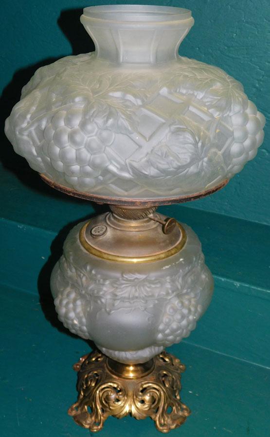 Ant White Satin Glass Grape & Cable Lamp: Antique White Satin Glass Grape & Cable Lamp, Base Has Small Flaw In Glass . 23" H