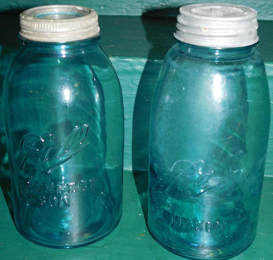 2 Vintage Ball Canning Jars w/ Zinc & Glass Tops: 2 Vintage Ball Canning Jars With Zinc & Glass Tops. 9 1/4" H (Tallest)