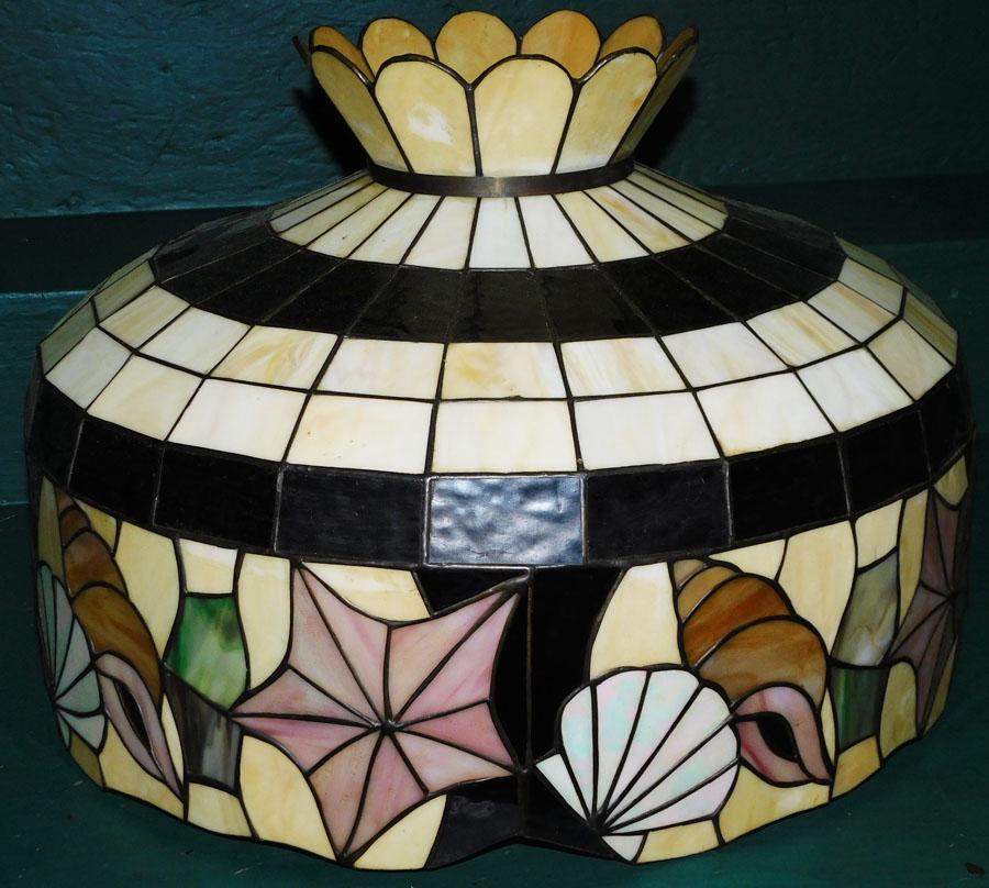 Lrg Leaded Glass Shade w/ Shell & Star Motif: Large Leaded Glass Shade With Shell & Star Motif . 21 3/4" Dia 13 1/2" H