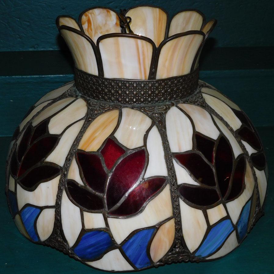 Red Floral Leaded Glass Shade: Red Floral Leaded Glass Shade . 19" Dia 13 1/2" H
