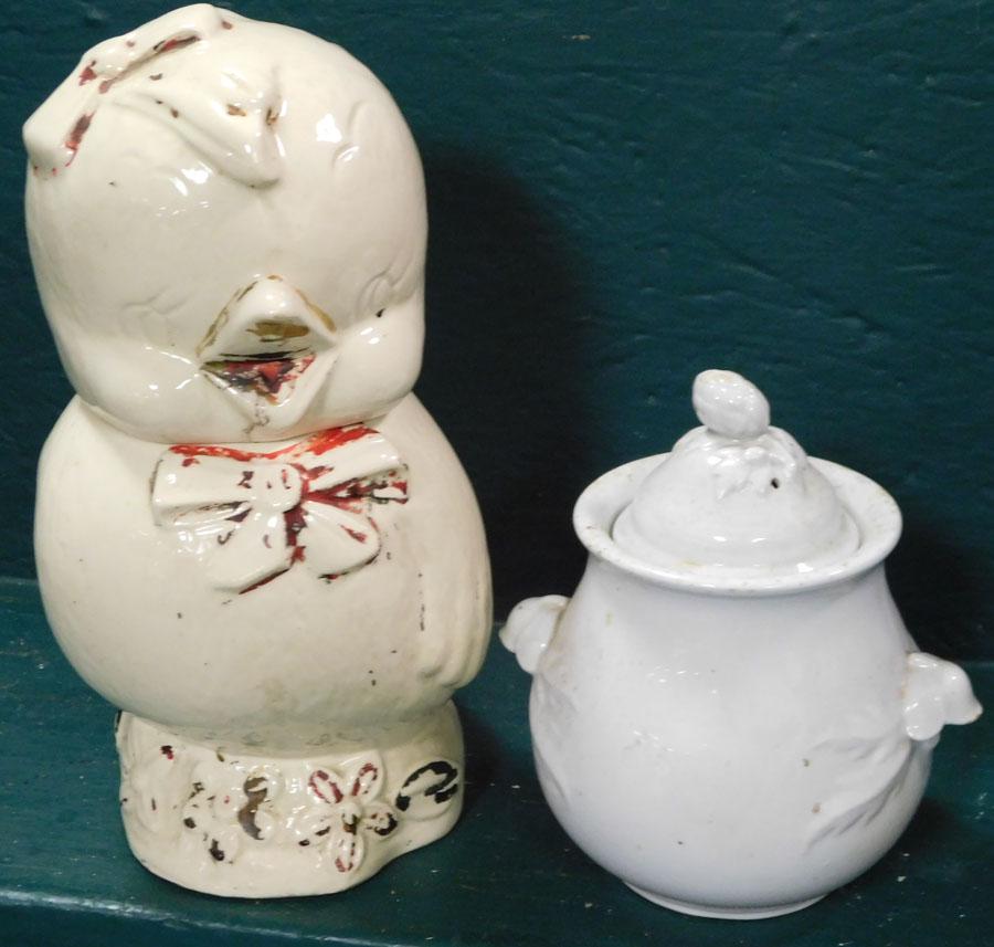 Vintage Cookie Jar & Ant Covered Ironstone Urn: Vintage Bird Cookie Jar & Antique Covered Ironstone Urn. 12" H (Largest)
