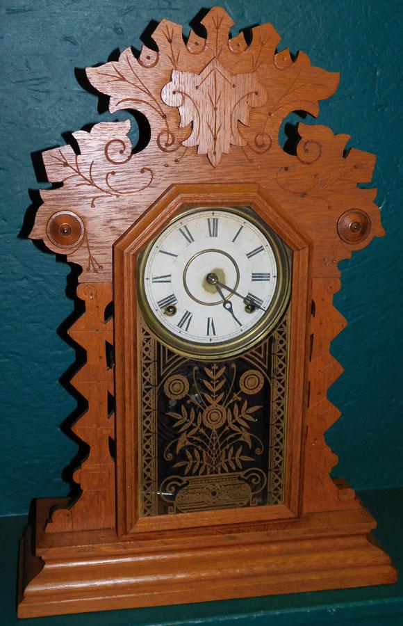 Ornate Oak Mantle Clock By E. Ingraham: Ornate Oak Mantle Clock By E. Ingraham . 22 3/4" H