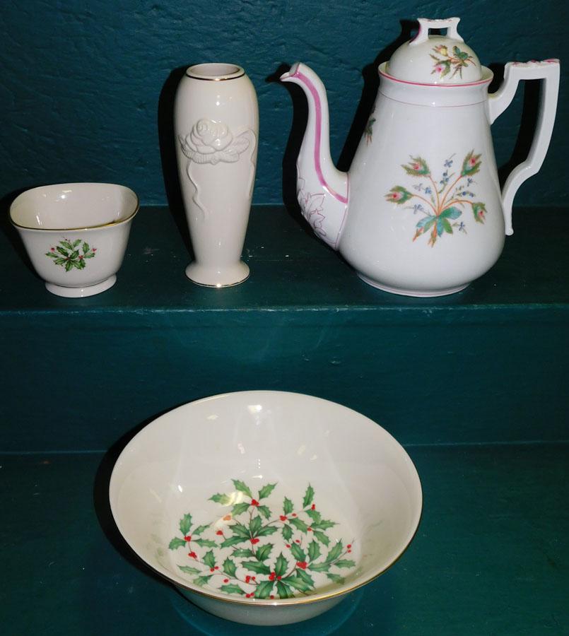 Three Lenox Items & Porcelain Coffee Pot: Three Lenox Items & Porcelain Coffee Pot. 9 1/2" H (Pot)
