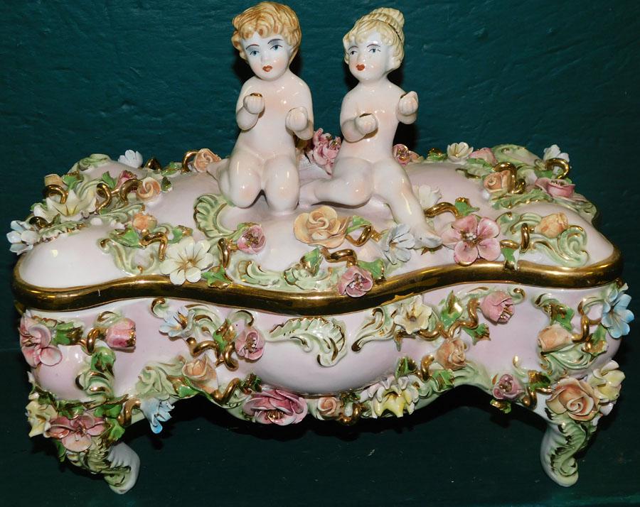Capodimonte Style Porcelain Dresser Box: Capodimonte Style Porcelain Dresser Box. 15" W 9" D 12 1/2" H
