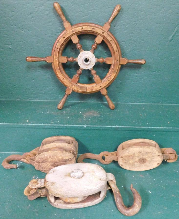 Three Block & Pulley & Ships Wheel: Three Block & Pulley & Ships Wheel. 20 3/4" Dia (Ships Wheel)