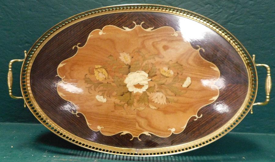 Mixed Wood Inlaid Tray W/ Brass Gallery: Mixed Wood Inlaid Tray W/ Brass Gallery. 20 3/4" X 12 1/4"