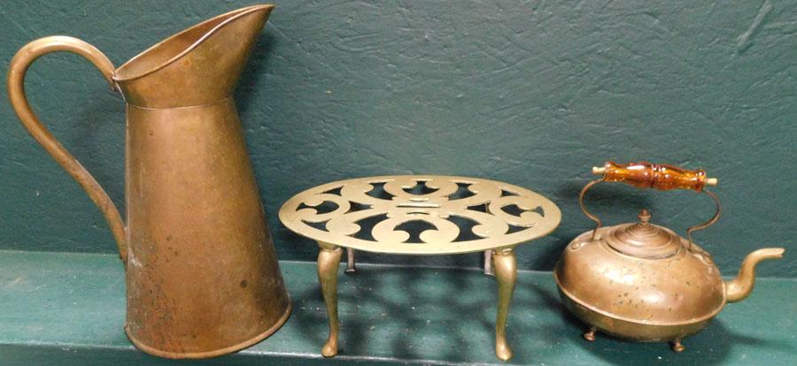 Antique Brass Kettle Trivet & Pitcher: Antique Brass Kettle Trivet & Pitcher. 15" H (Pitcher)