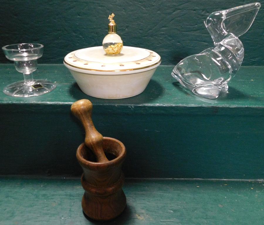 Box Lot -- Mortar & Pestle, Glass Pelican, Oneida: Box Lot -- Mortar & Pestle, Glass Pelican, Oneida Candlestick.