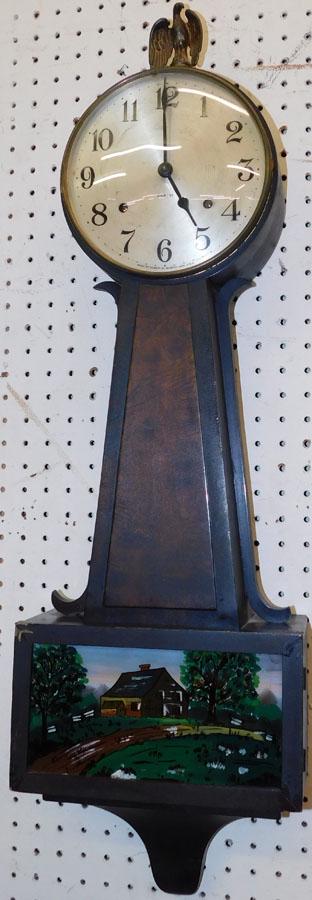 Mahogany Gilbert Reverse Painting Banjo Clock: Mahogany Gilbert Reverse Painting Banjo Clock. 36" H
