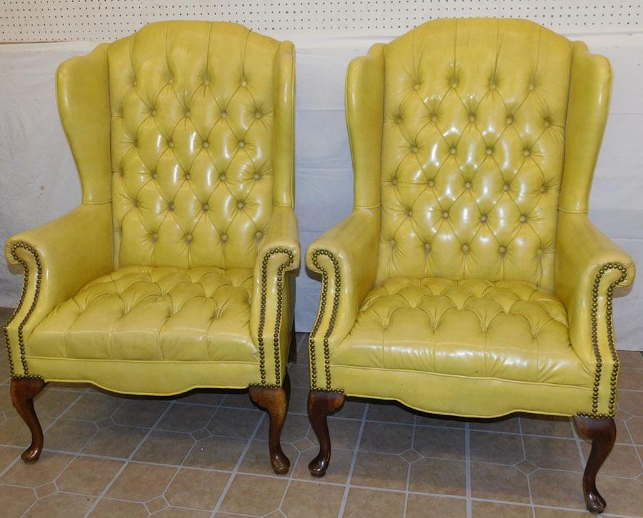 Pair Tufted Queen Anne Wingback Chairs By Samoore: Pair Tufted Queen Anne Wingback Chairs By Samoore. 45 1/2" H