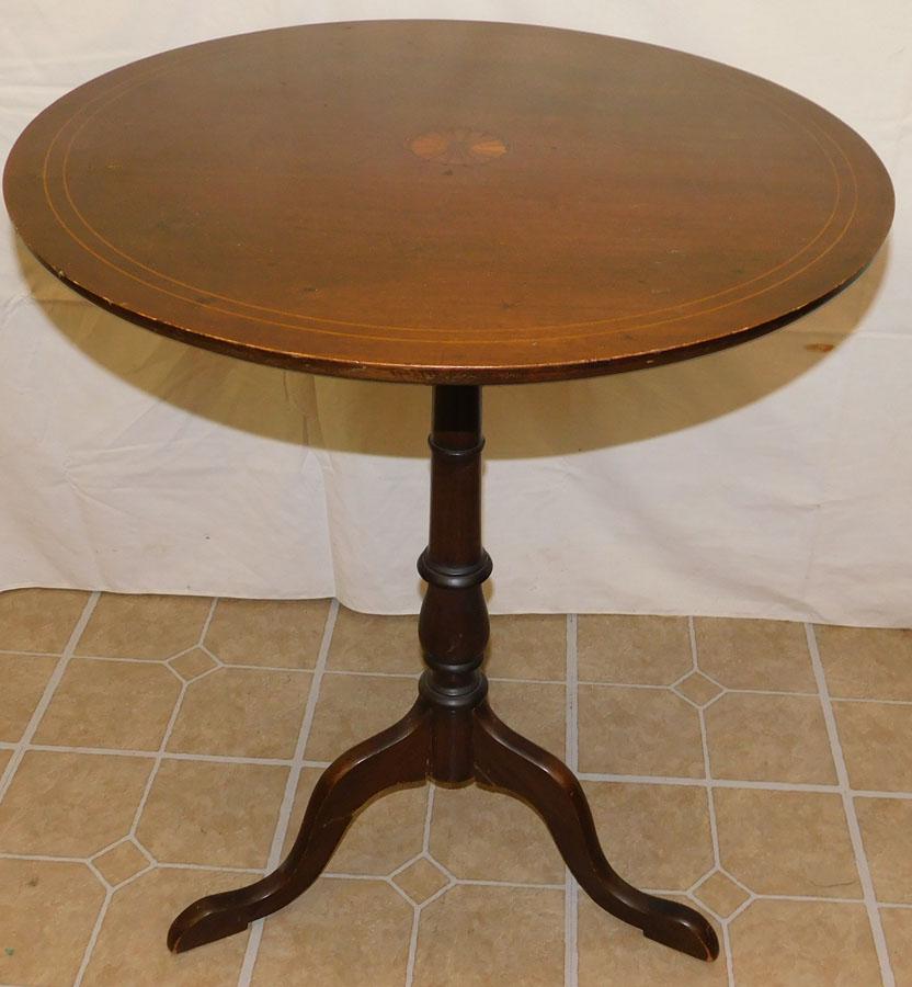 Mahogany Inlay Tilt Top Table: Mahogany Inlay Tilt Top Table. 24 1/4" Dia 29" H