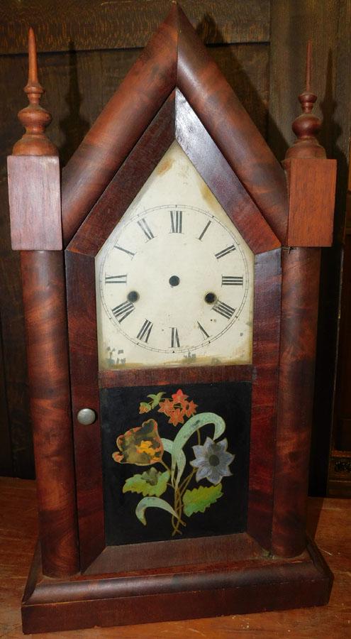 Antique Mahogany Steeple Clock By New Haven: Antique Mahogany Steeple Clock By New Haven. 11" W 4 3/4" D 20 1/2" H