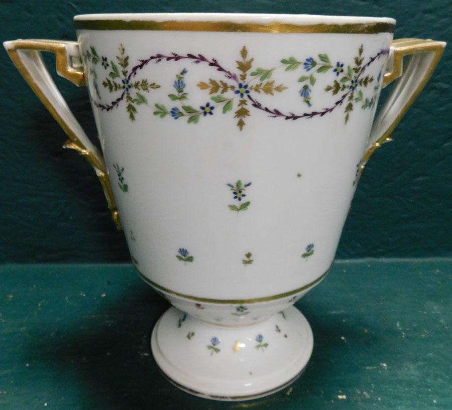 Meissen Porcelain Two Handle Urn W/ Staple Repair: Meissen Porcelain Two Handle Urn W/ Staple Repair . 9" H