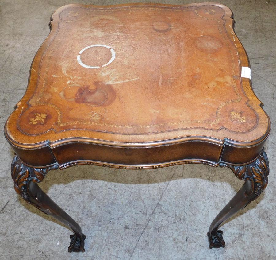 Mahogany Tooled Leather Top Table: Mahogany Tooled Leather Top Table. 24" W 24" D 27 1/4" H