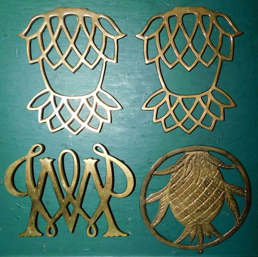 4 Brass Trivets, (1 VA Metalcrafters): 4 Brass Trivets, (1 VA Metalcrafters). Up to 8" x 6"