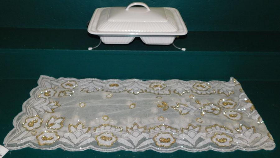 Porcelain Casserole & Beaded Table Runner: Porcelain Casserole & Beaded FabricTable Runner. Runner: 16" x 72"
