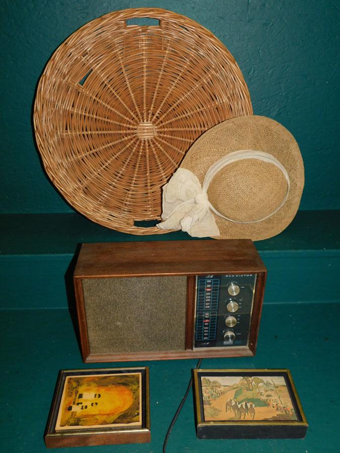 Wicker Basket, Ant Radio, Hat, & 2 Mini Prints: Lot of Wicker Basket, Antique Radio, Hat, & 2 Miniature Prints . Basket: 18" DIA.