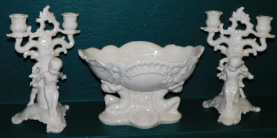 Porcelain Garniture Set with Cupids: Porcelain Garniture Set with Cupids. 12" H