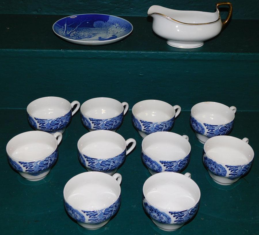 Lot of Blue & White Cups: Lot of Blue & White Cups. Plate: 7 1/4" DIA.