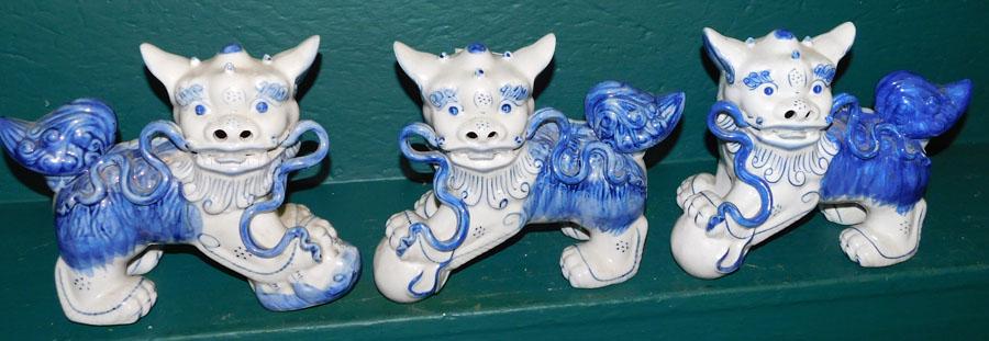 3 Porcelain Foo Dogs: 3 Porcelain Foo Dogs. 9" W 8" H