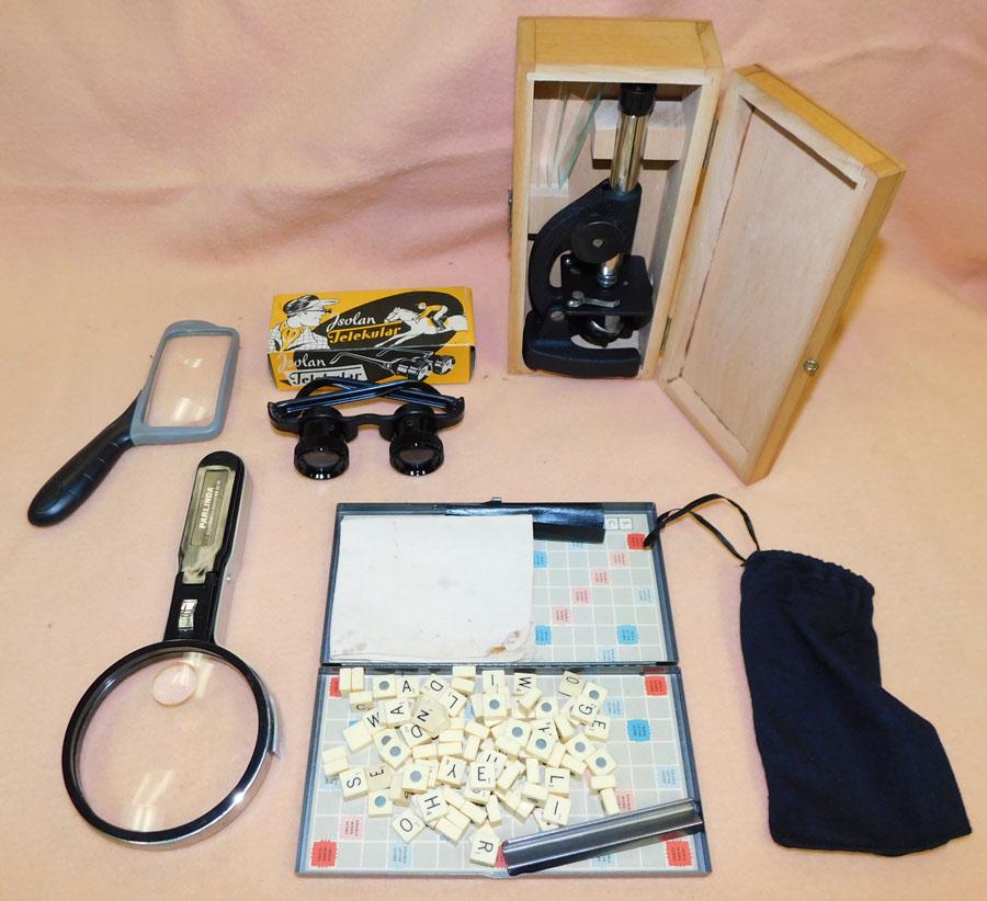 Lot of Microscope, (2) Magnifying Glass, & Game: Lot of Microscope, (2) Magnifying Glass, & Game. Up to 9 1/2" L