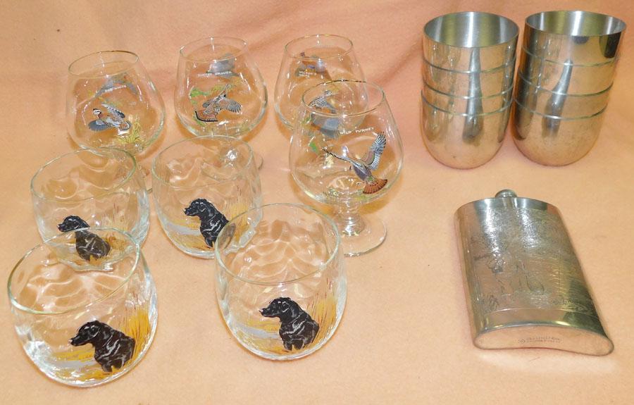 Glass Sniffers, Pewter Flask, & Pewter Steiff Cups: Glass Sniffers with Hunting Decoration, Pewter Sheffield Flask, & Pewter Steiff Cups. Flask: 6" H