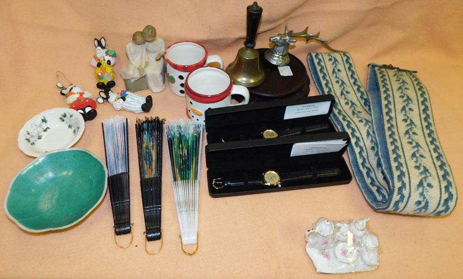 NP Bell Pull, Mini Porc Tea Set, Fig. & Other Items: Lot of Needlepoint Bell Pull, Miniature Porcelain Tea Set, Figurines, Fans, Watches, & Other Items. Bell Pull: 67" H