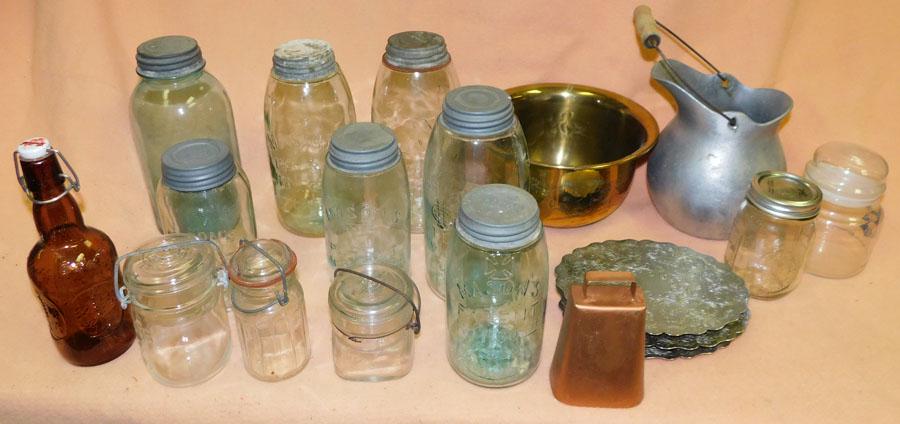 Canning Jars, Alum Pitcher, Br Bowl, SP Trivets: Lot of Canning Jars, Aluminum Pitcher, Brass Bowl, Silverplate Trivets. Pitcher" 8" H