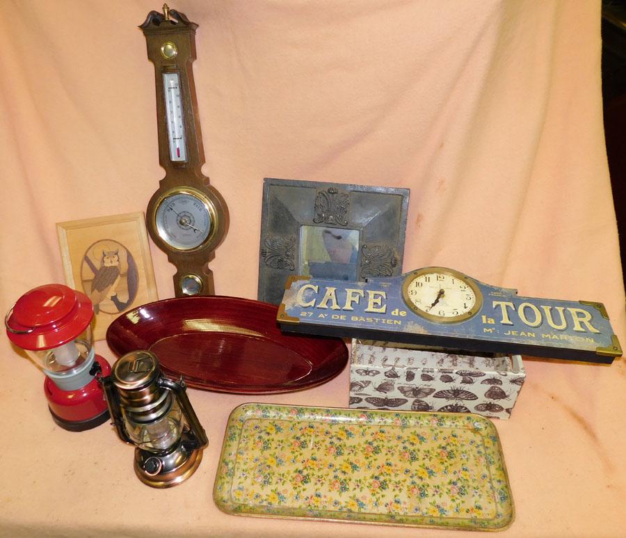 Barom/Therm, Clock, Dec. Box, Frames, etc: Barometer/Thermometer, Clock, Decorative Box, Frames, & Other Items. Clock: 22 1/4" W