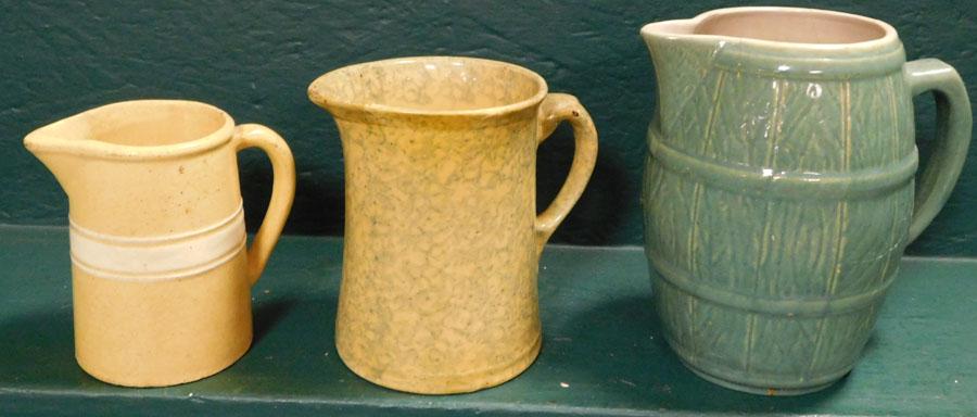 Green Pottery Pitcher, Spongeware, & Yelloware Pitchers: Green Pottery Buttermilk Pitcher, Spongeware, & Yelloware Pitchers. Up to 8 1/2" H